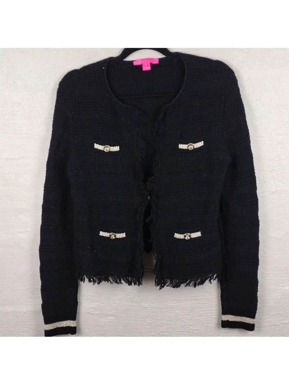 Lilly Pulitzer Black Gold Metallic Textured Knit One Clasp Front Cardigan Jacket